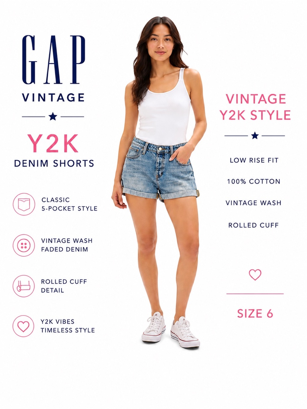 GAP Vintage Y2K Button Fly Denim Shorts Cuffed 100% Cotton Size 6